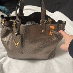 Valentino Bronze Leather Tote Bag with Spacious Interioa